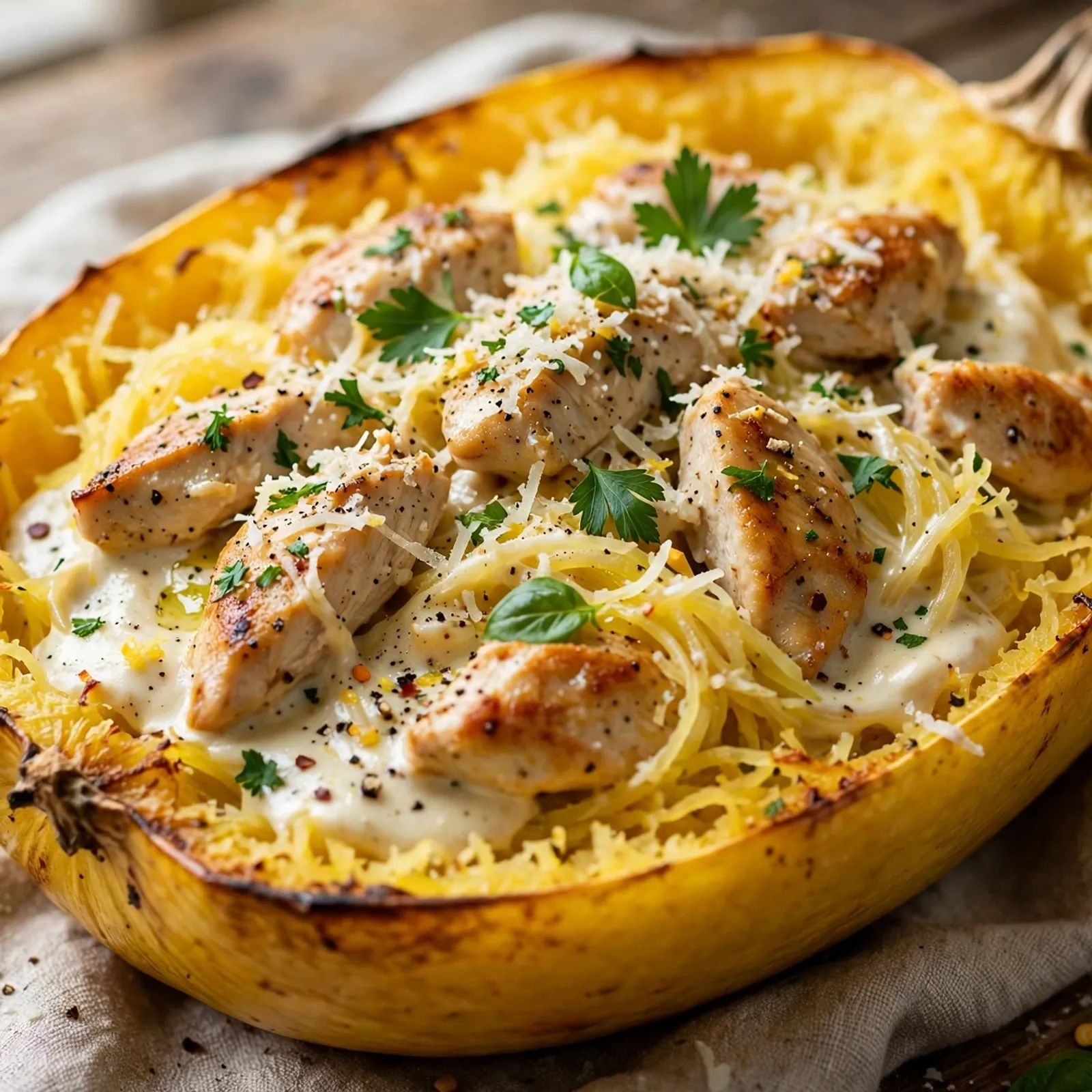 15 Creamy 21 Day Fix Chicken Alfredo Recipes That Feel Like Cheating: 7. Spaghetti Squash Chicken Alfredo