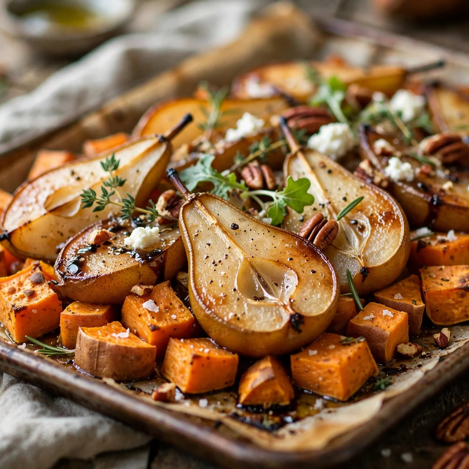 10 Anti-Inflammatory Apple Pear and Fig Recipes for Fall: 9. Roasted Pear and Sweet Potato Sheet Pan Dinner