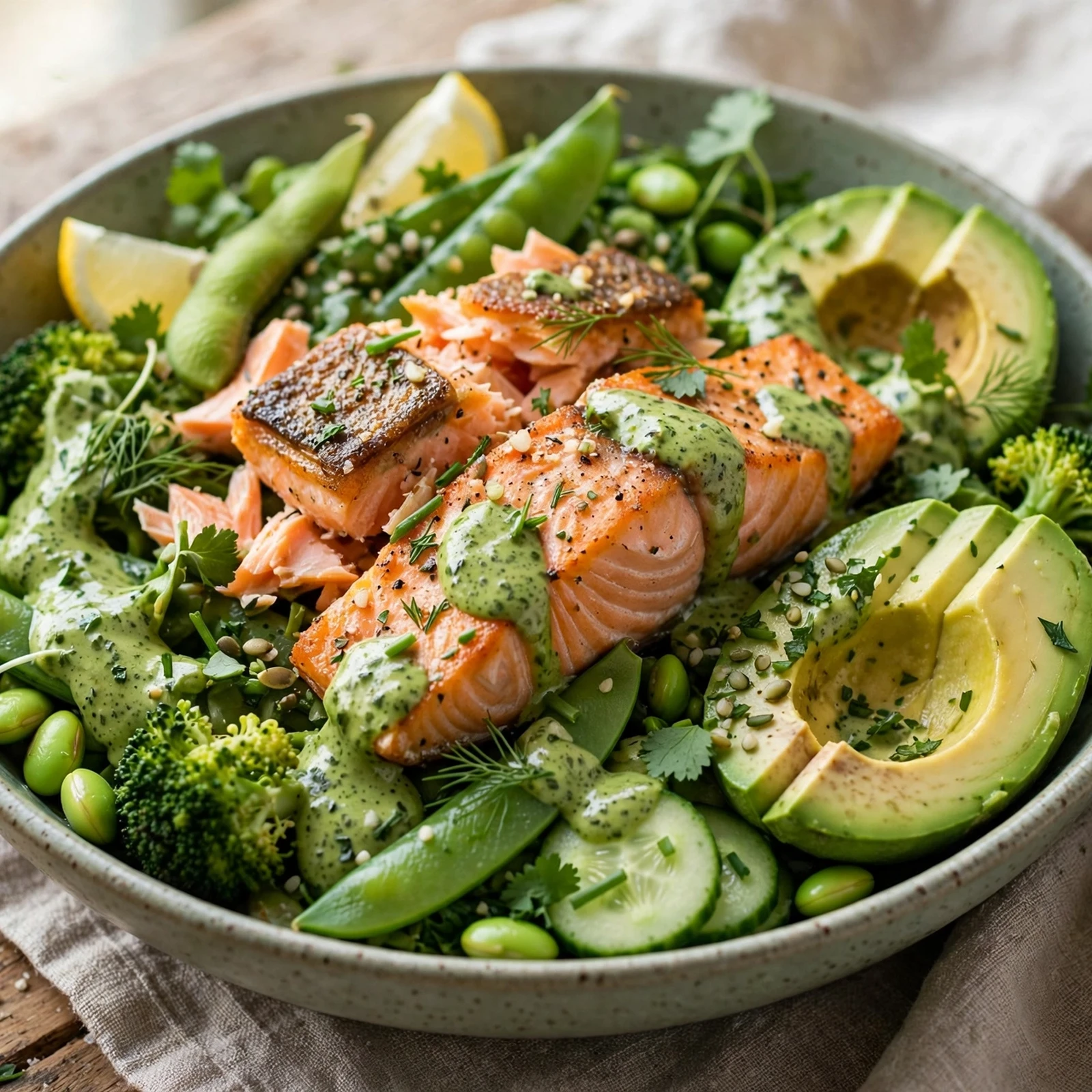 15 Anti-Inflammatory Summer Bowls with Grains, Veggies & Protein: 10. Green Goddess Salmon Bowl