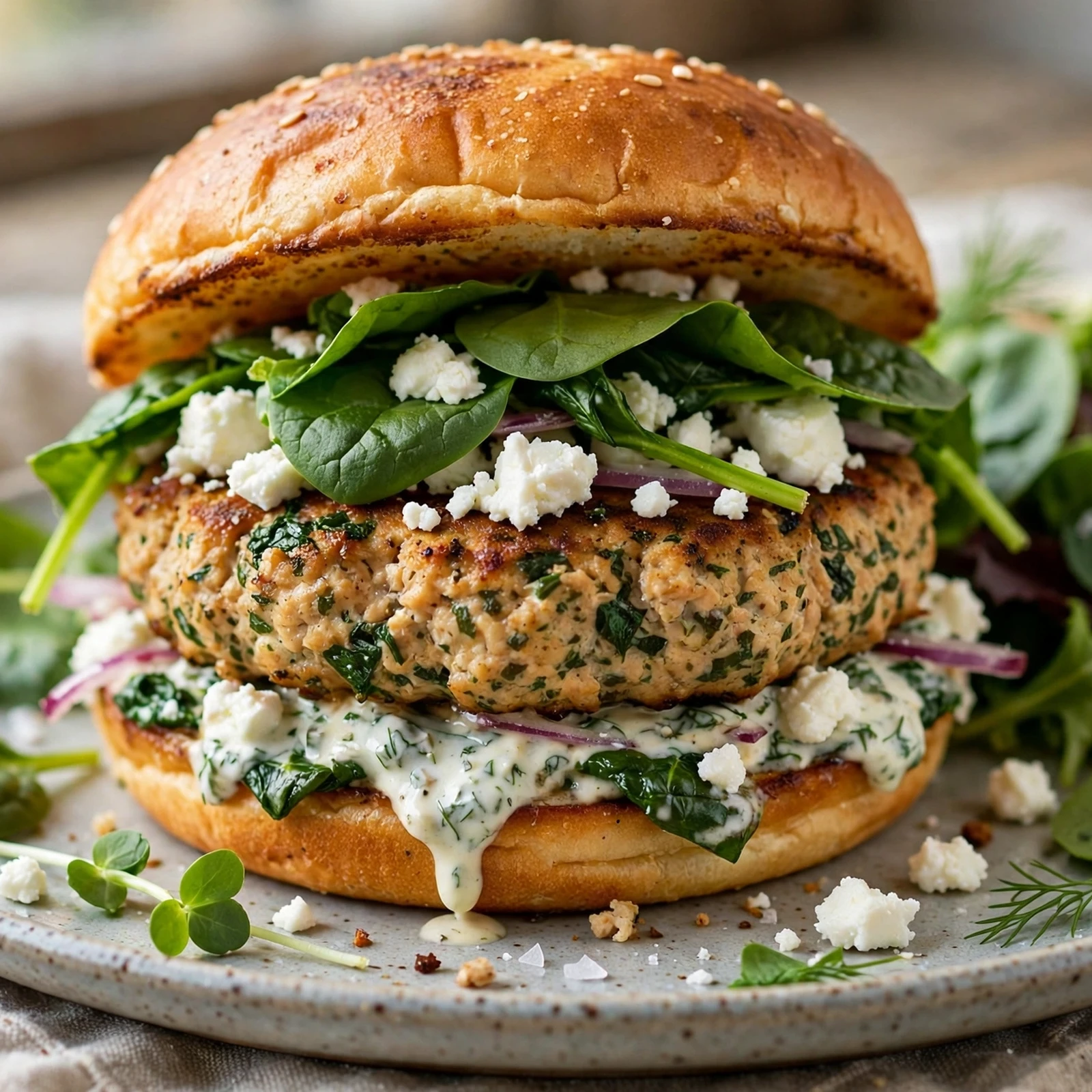 15 Juicy 21 Day Fix Burger Recipes for Your Next Cookout: 8. Spinach Feta Chicken Burger