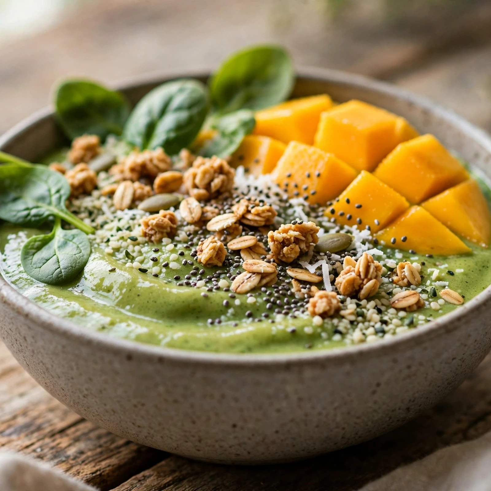 20 21 Day Fix Summer Breakfast Ideas (Quick & Light Mornings): 9. Spinach Mango Smoothie Bowl