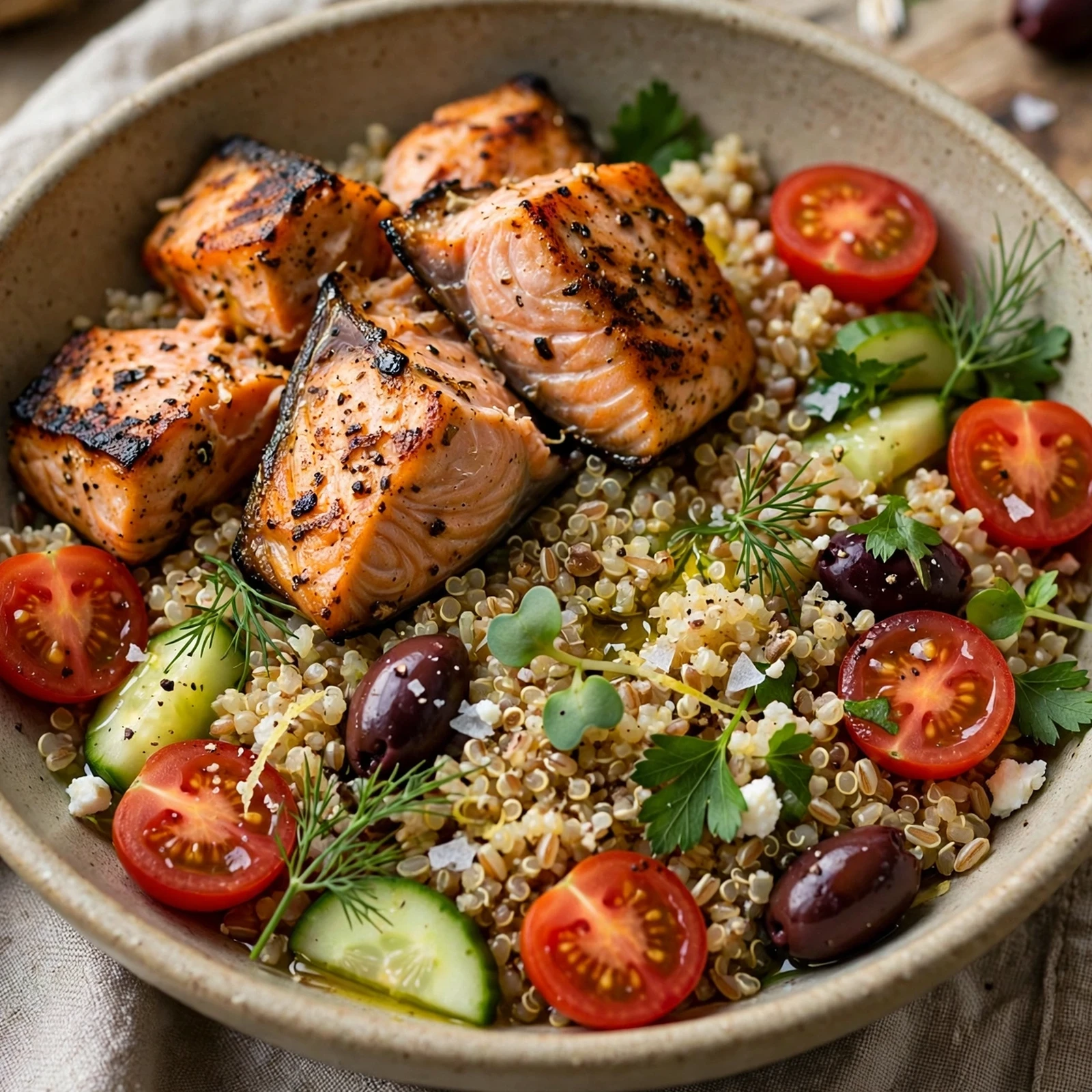 10 Anti-Inflammatory Grilled Salmon And Chicken Recipes for Summer: 9. Mediterranean Salmon Grain Bowl