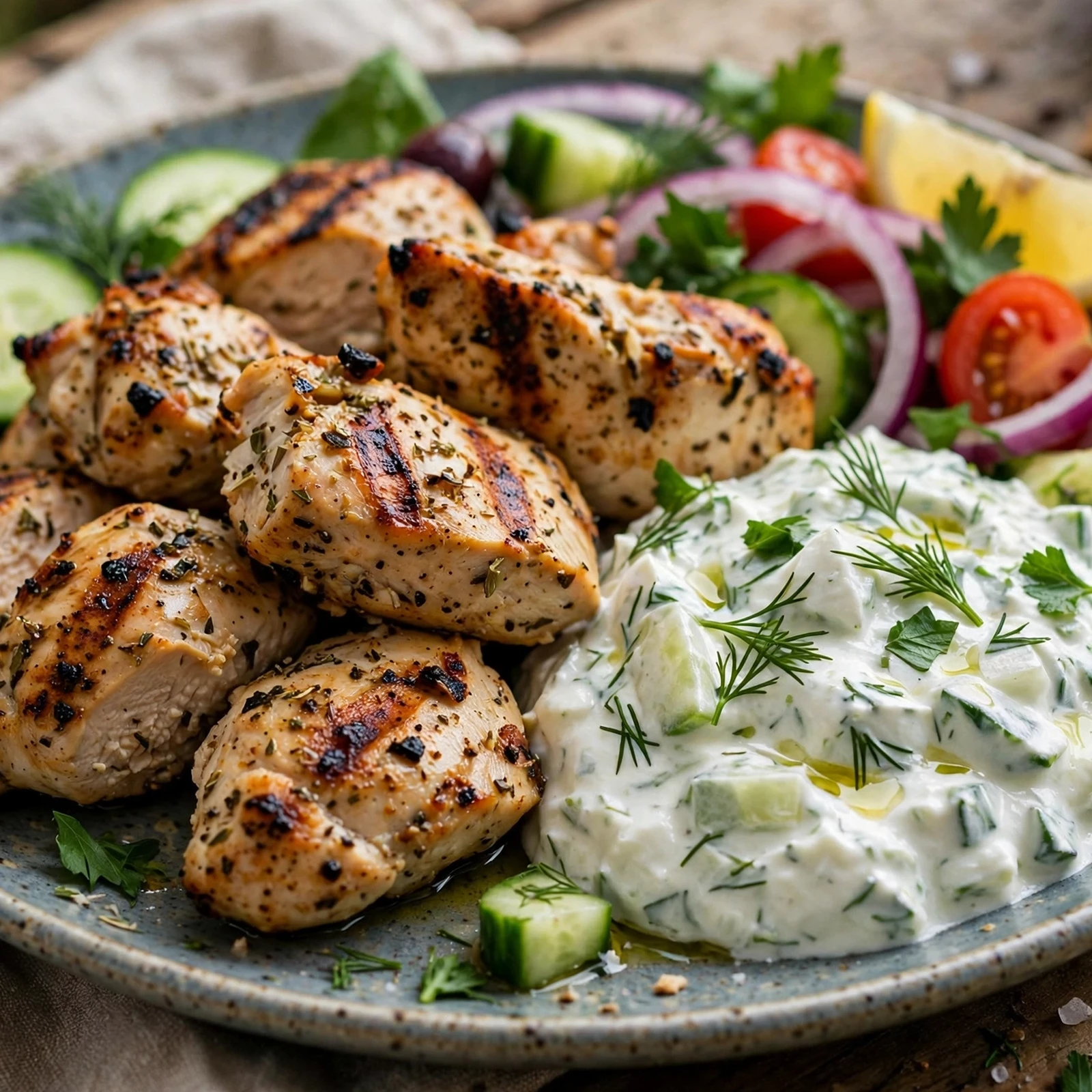 10 Anti-Inflammatory Grilled Salmon And Chicken Recipes for Summer: 10. Greek Grilled Chicken with Homemade Tzatziki & Fresh Vegetables