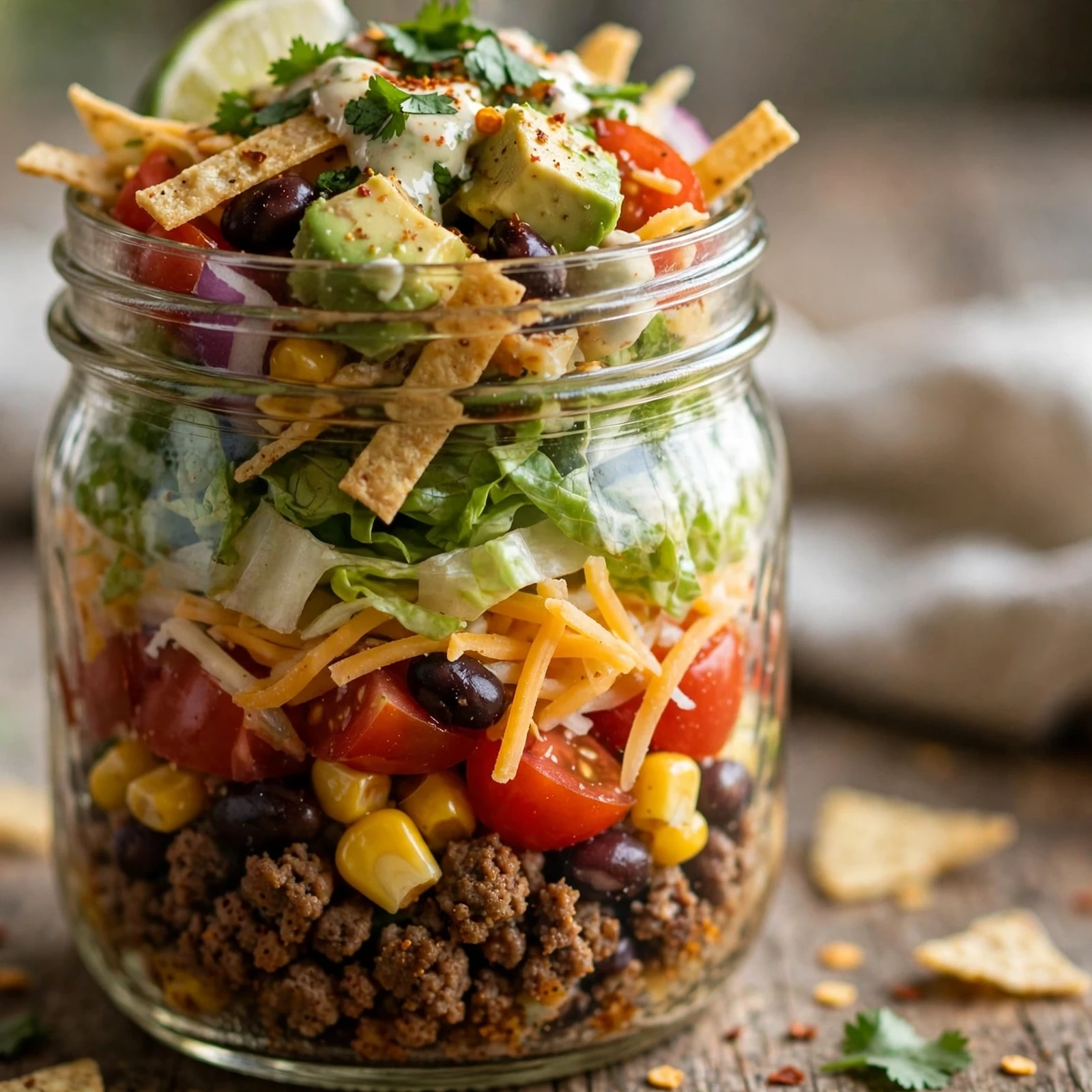 20 Healthy 21 Day Fix Salad Recipes for Summer (Cool & Container-Friendly): 13. Taco Mason Jar Salad