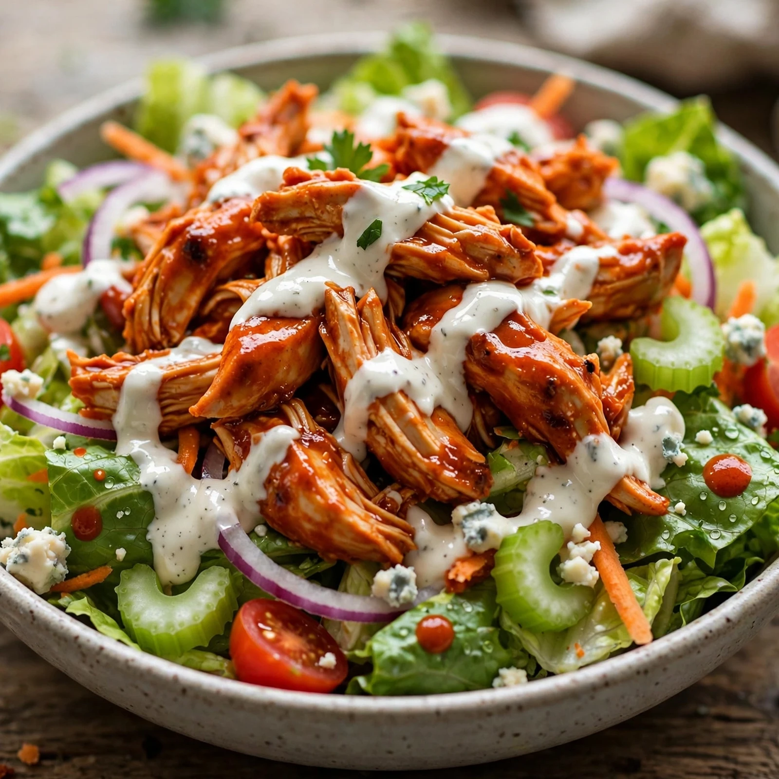 20 Healthy 21 Day Fix Salad Recipes for Summer (Cool & Container-Friendly): 14. Buffalo Chicken Ranch Salad