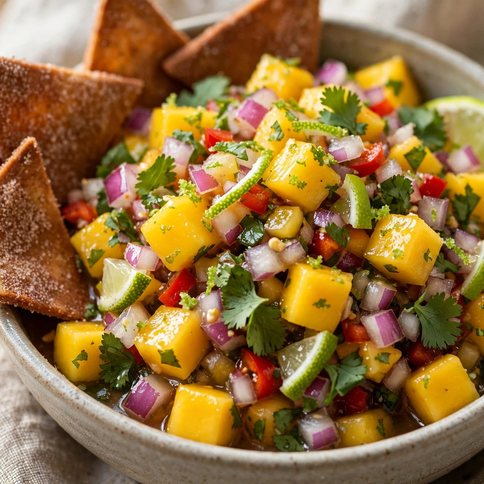 15 Anti-Inflammatory Fruit Salads and Desserts for Summer Parties: 14. Mango Lime Fruit Salsa with Cinnamon Chips