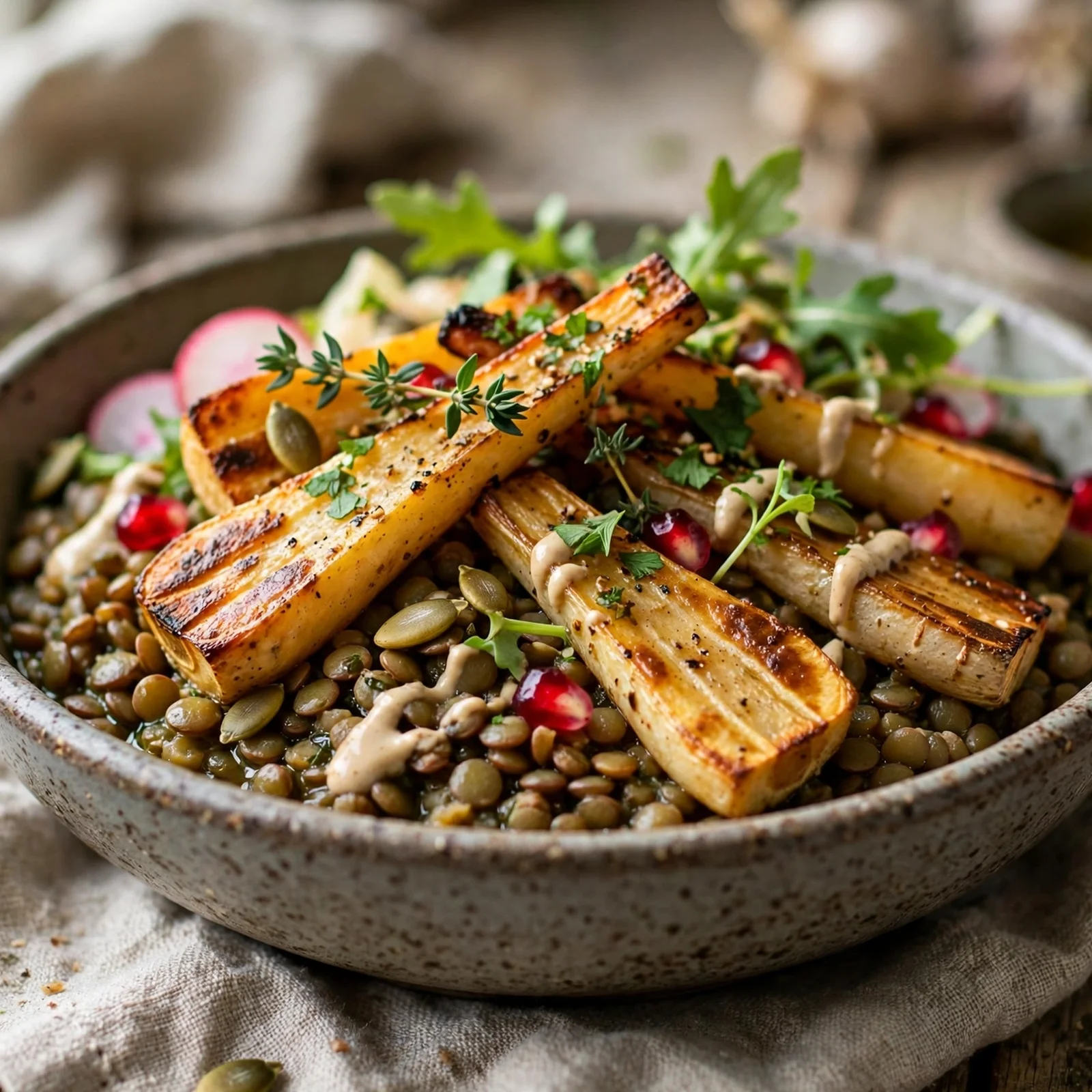 20 Fall Anti-Inflammatory Harvest Bowls with Root Vegetables: 14. Roasted Parsnip & Lentil Harvest Bowl